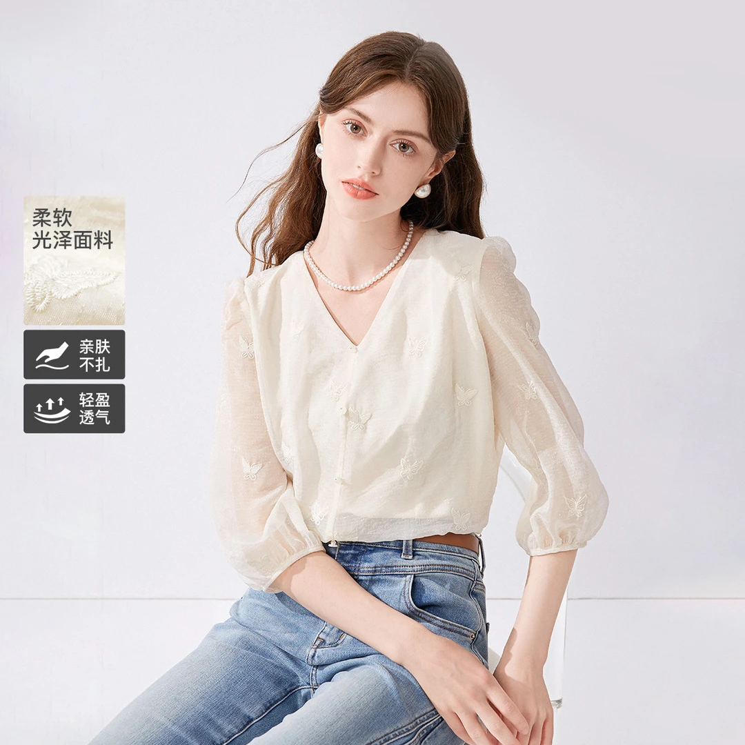秋水伊人｜【夏日衬衫】法式优雅七分袖衬衫女蝴蝶绣花设计小众上衣