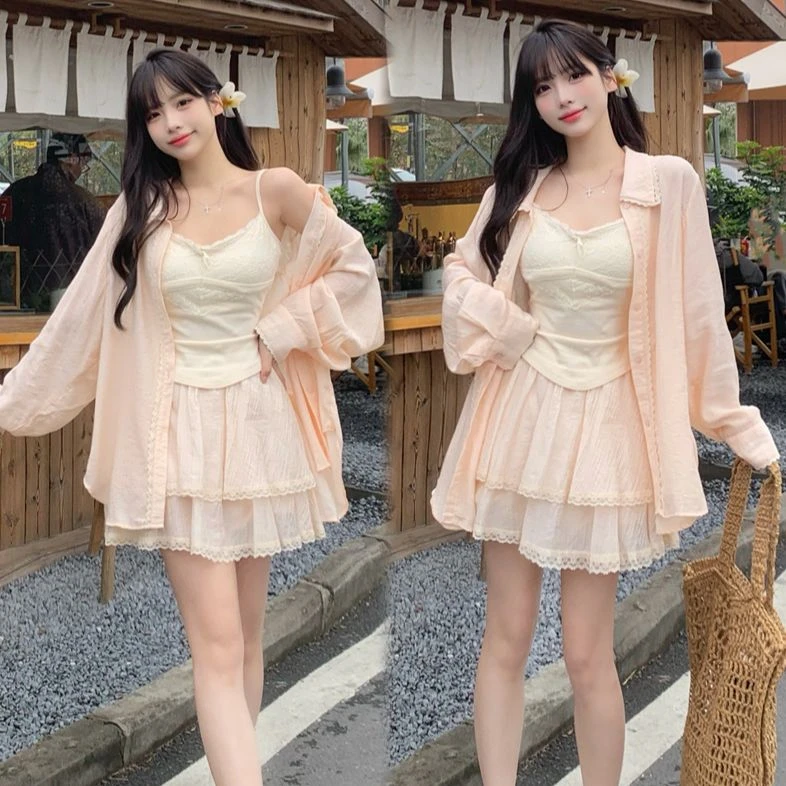 胖颖专属大码春夏季新款甜美风纯欲风衬衫+吊带+半裙三件套5015