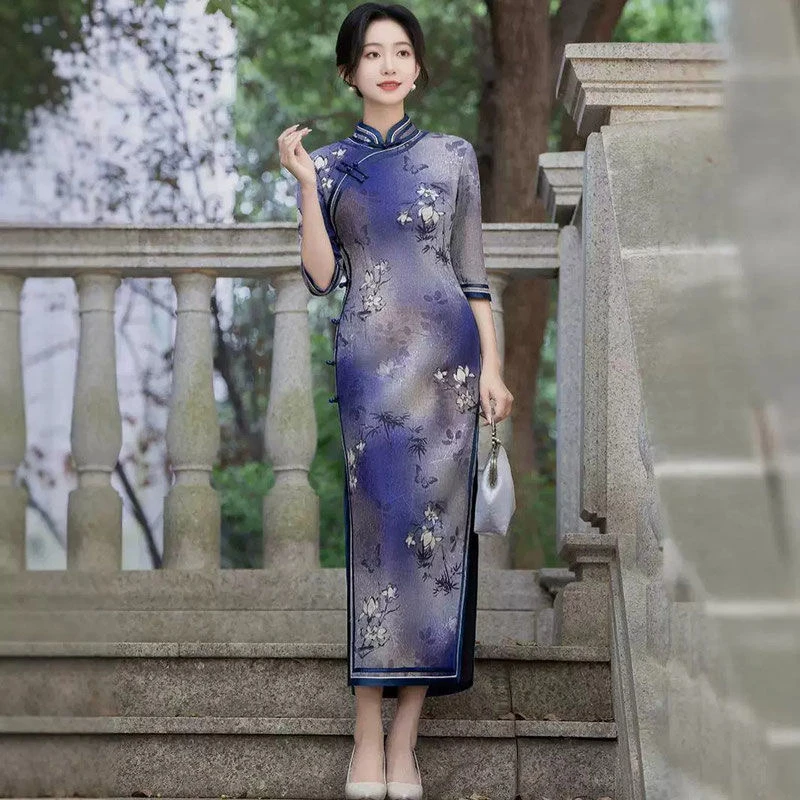 【蓝玉】长袖针织提花长款旗袍春季2025新款女高端喜妈妈婚日常宴装