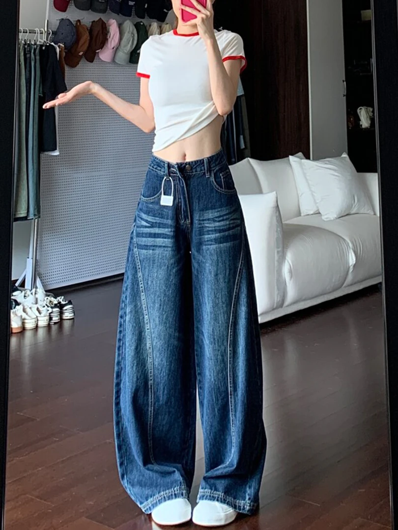 复古水洗蓝色牛仔裤女夏季新款大码高腰宽松拖地阔腿裤