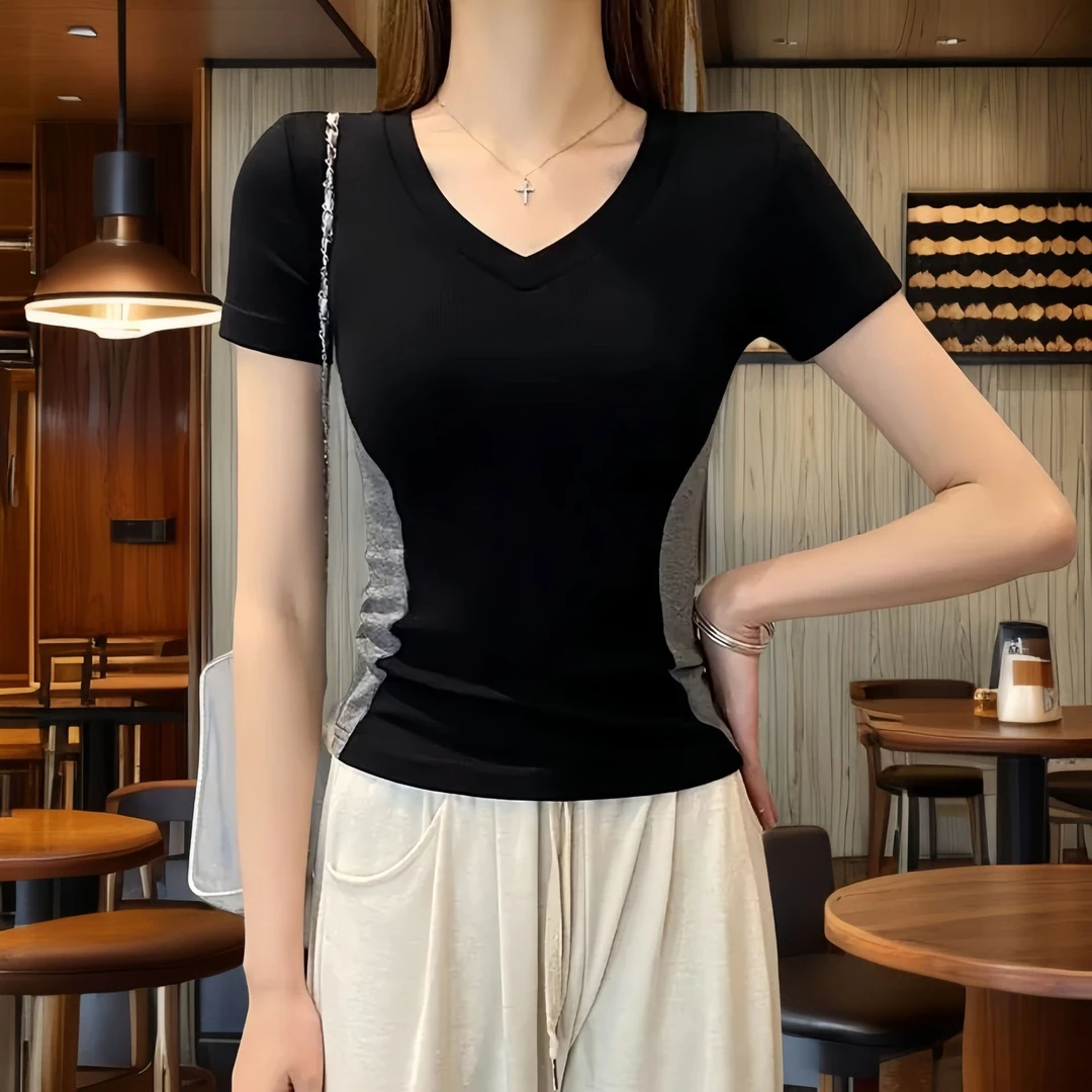 V领抗皱短袖拼接夏季纯色T恤女士黑色透气瑜伽服【A区】1116  A06-1