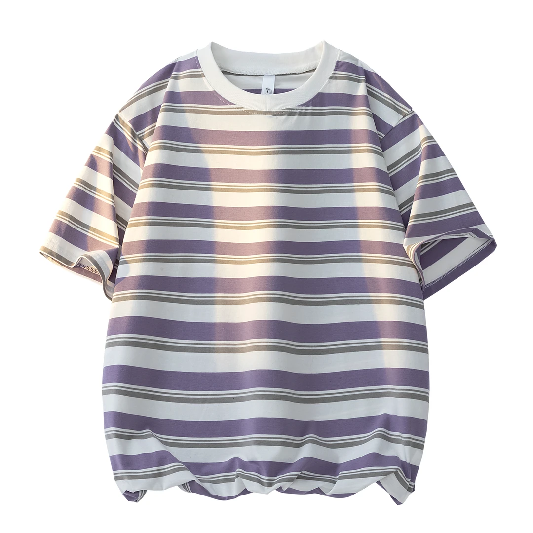 圆领条纹短袖T恤男2025夏季新款港风青少年宽松百搭圆领半袖上衣