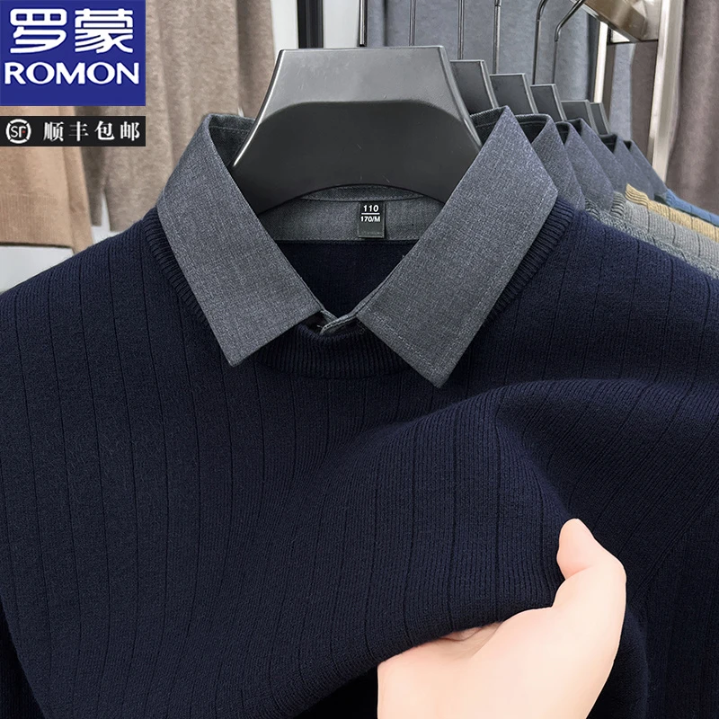 罗蒙2025新款冬季打底衫衬衫领商务休闲假两件保暖内搭毛衣针织衫