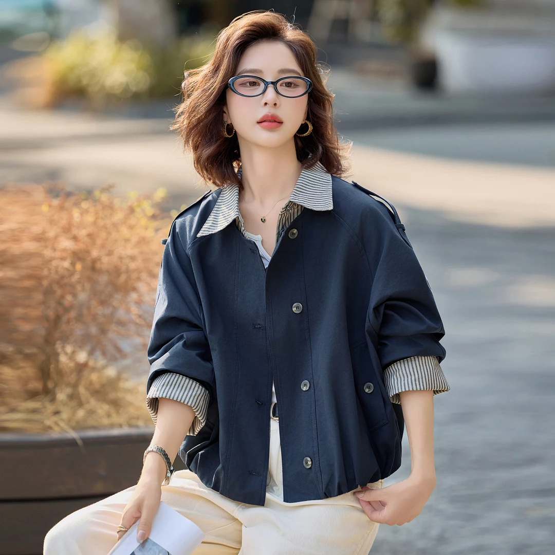 休闲假两件条纹拼接短外套女2025秋季新款洋气设计感随性气质上衣