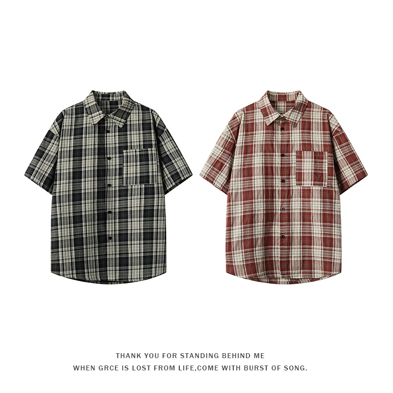 夏季小众设计感格子短袖衬衫ins男女潮流休闲百搭日系衬衣