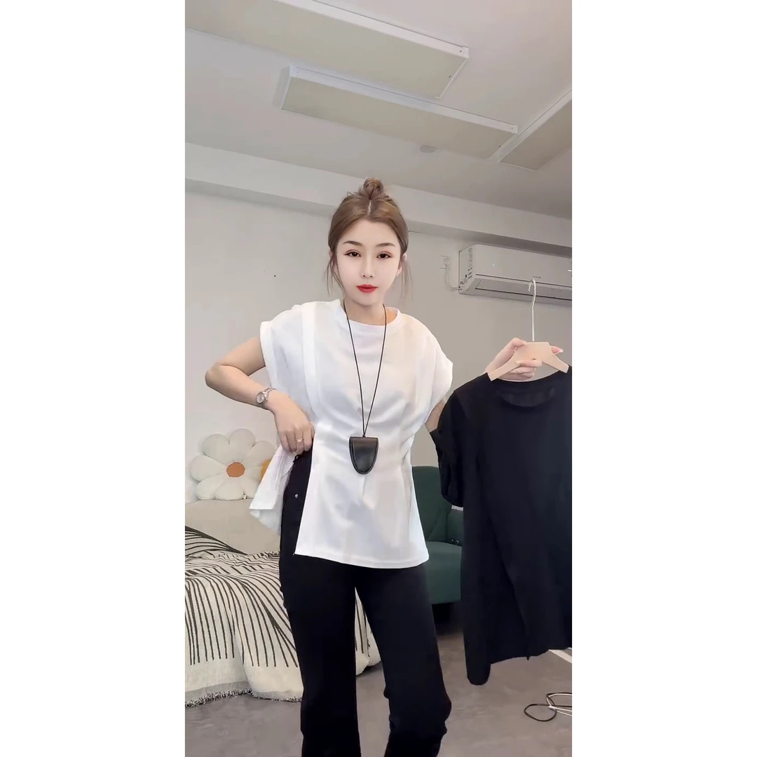 微微开叉收褶皱纯色圆领短袖T恤春夏季休闲百搭不规则上衣