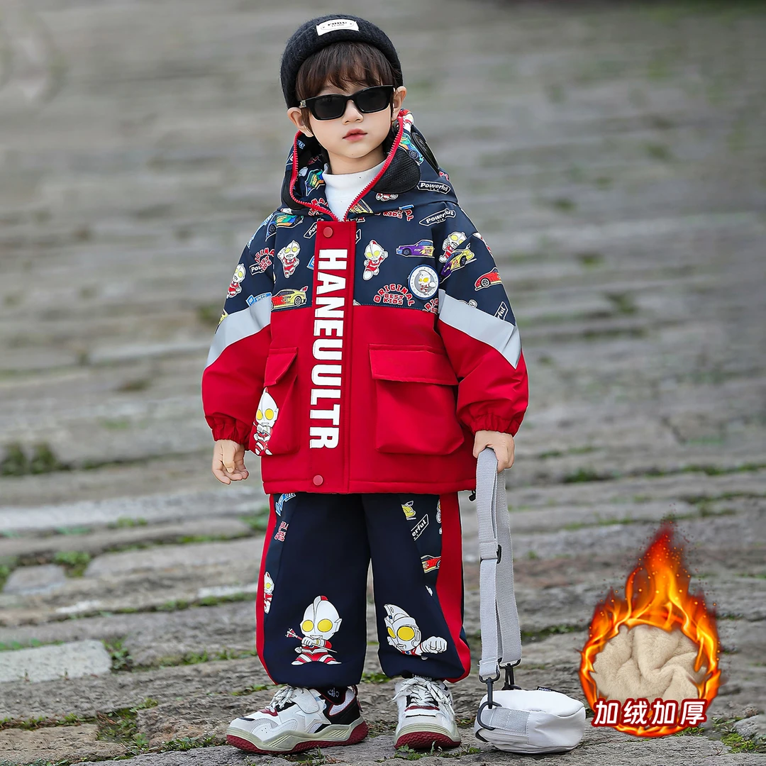 男童秋冬2025儿童男童秋冬加绒加厚冬装套装奥特曼小汽车印花保暖