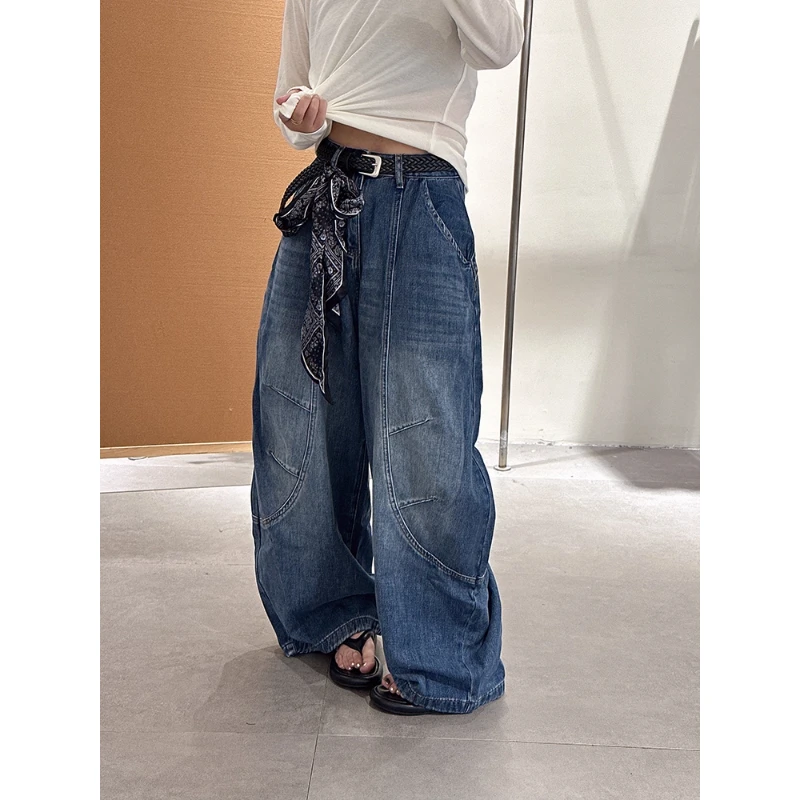 美式复古廓形弯刀牛仔裤男女秋季潮牌水洗百搭宽松阔腿休闲长裤子