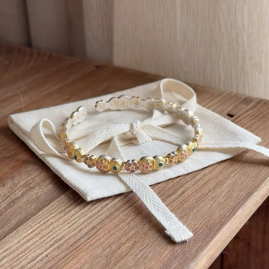 足银手镯 福禄生花足银999.9珐琅彩开口镯葫芦精致手工气质