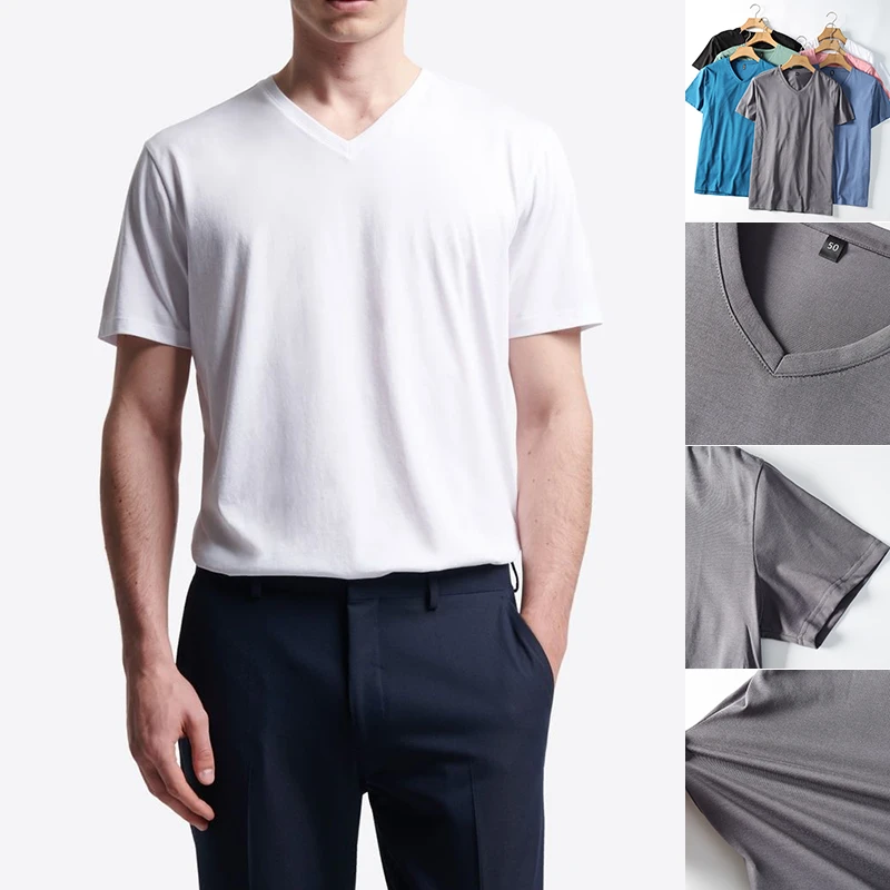 大捡漏桑蚕丝棉凉感垂顺弹力吸湿春夏男士时尚百搭休闲V领短袖T恤