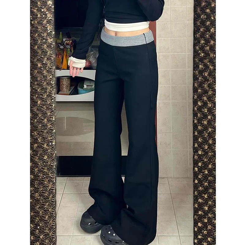 美式复古拼接撞色休闲阔腿裤女宽松设计感小众加绒高腰直筒长裤子