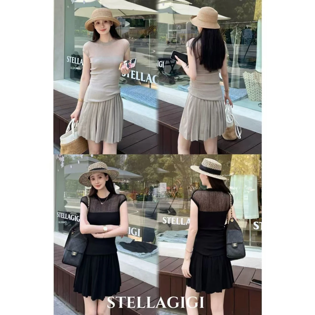 SG / 郭幂幂 SS 100%莱赛尔 镂空针织衫+百褶裙套装TZ-20251543