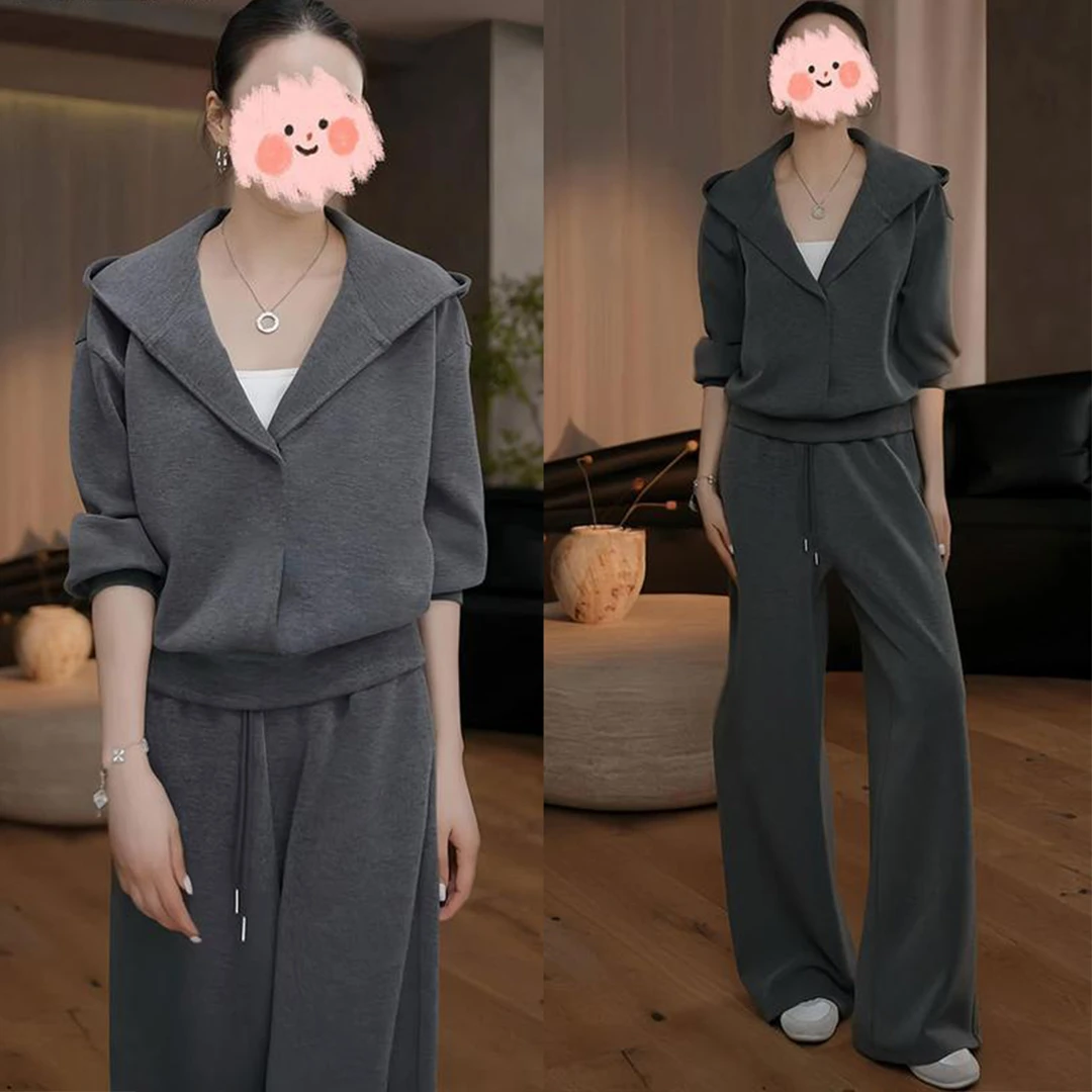 秋季套装女2025新款时尚宽松显瘦慵懒风灰色连帽卫衣休闲裤两件套