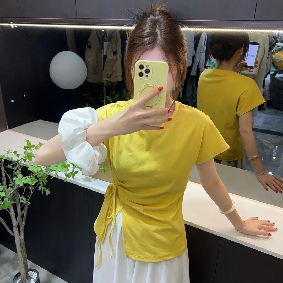 韩式侧边开叉绑带设计感收腰短袖T恤不规则上衣7685#0.1