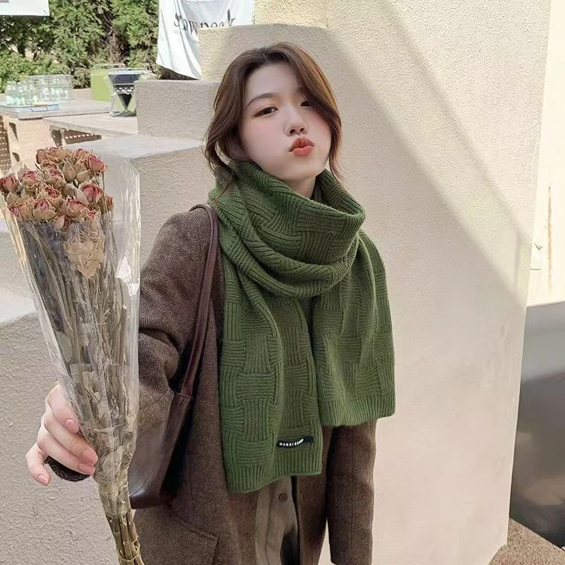 秋冬新款围巾韩版纯色毛线针织提花小香风保暖加厚户外围脖情侣N