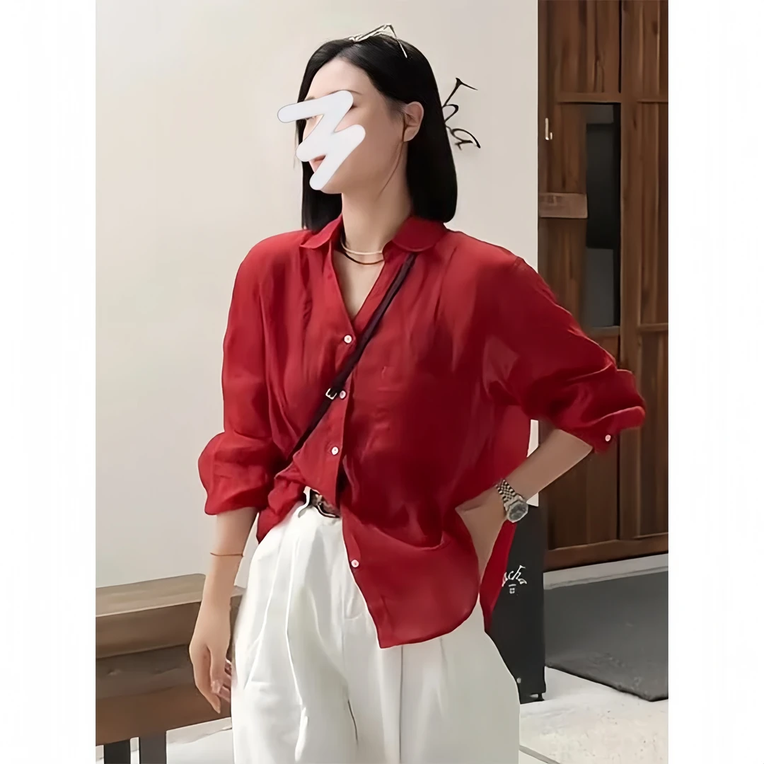 法式薄款高级感红色衬衫女2025夏季新款宽松设计感防晒开衫上衣女