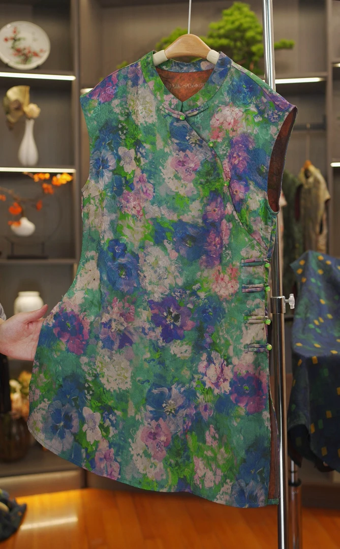 【莫奈花园-飞袖奥黛】中式中长款桑蚕丝晕染花箩飞飞袖奥黛上衣