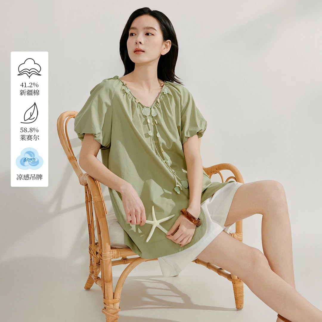 【一秒入夏】茵曼夏季莱赛尔立体花朵衬衫时尚设计感百搭短袖衬衣