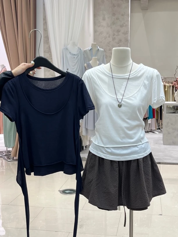 假两件后背绑带上衣