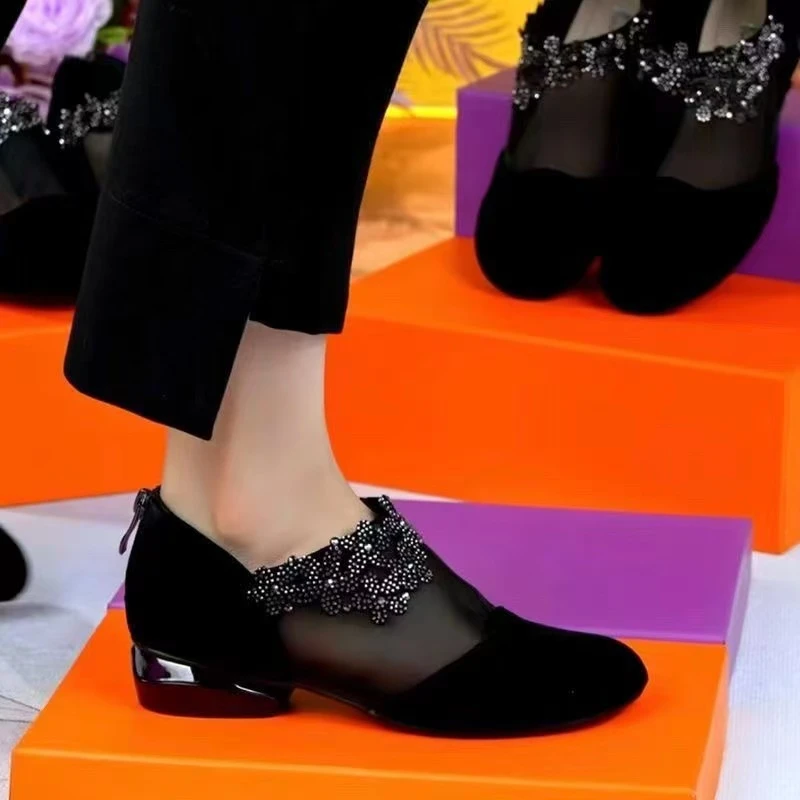 【真软皮】网纱单鞋女2025新款春季凉鞋粗跟妈妈鞋水钻镂空女鞋