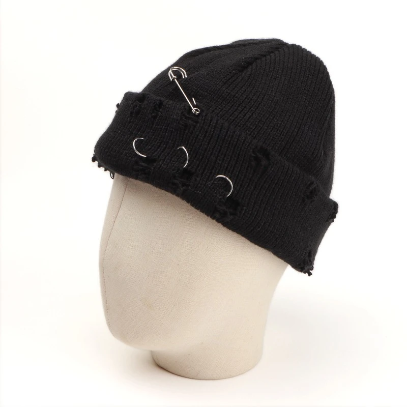 秋冬保暖针织帽圆环别针磨破嘻哈帽破洞铁环男士冬季帽子男款冬季