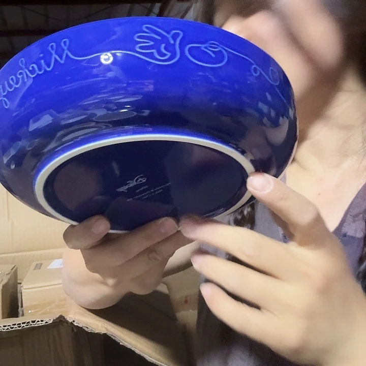 外贸尾单高温陶瓷微瑕蓝色米奇汤盘