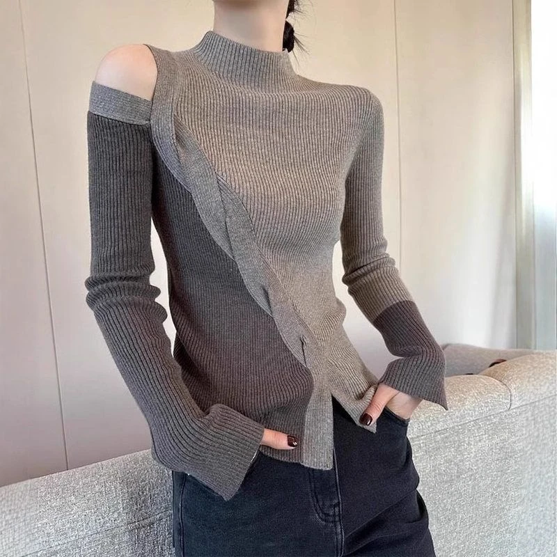 咖拼色毛衣内搭打底女秋冬新款不规则小众设计感毛衣半高领上衣