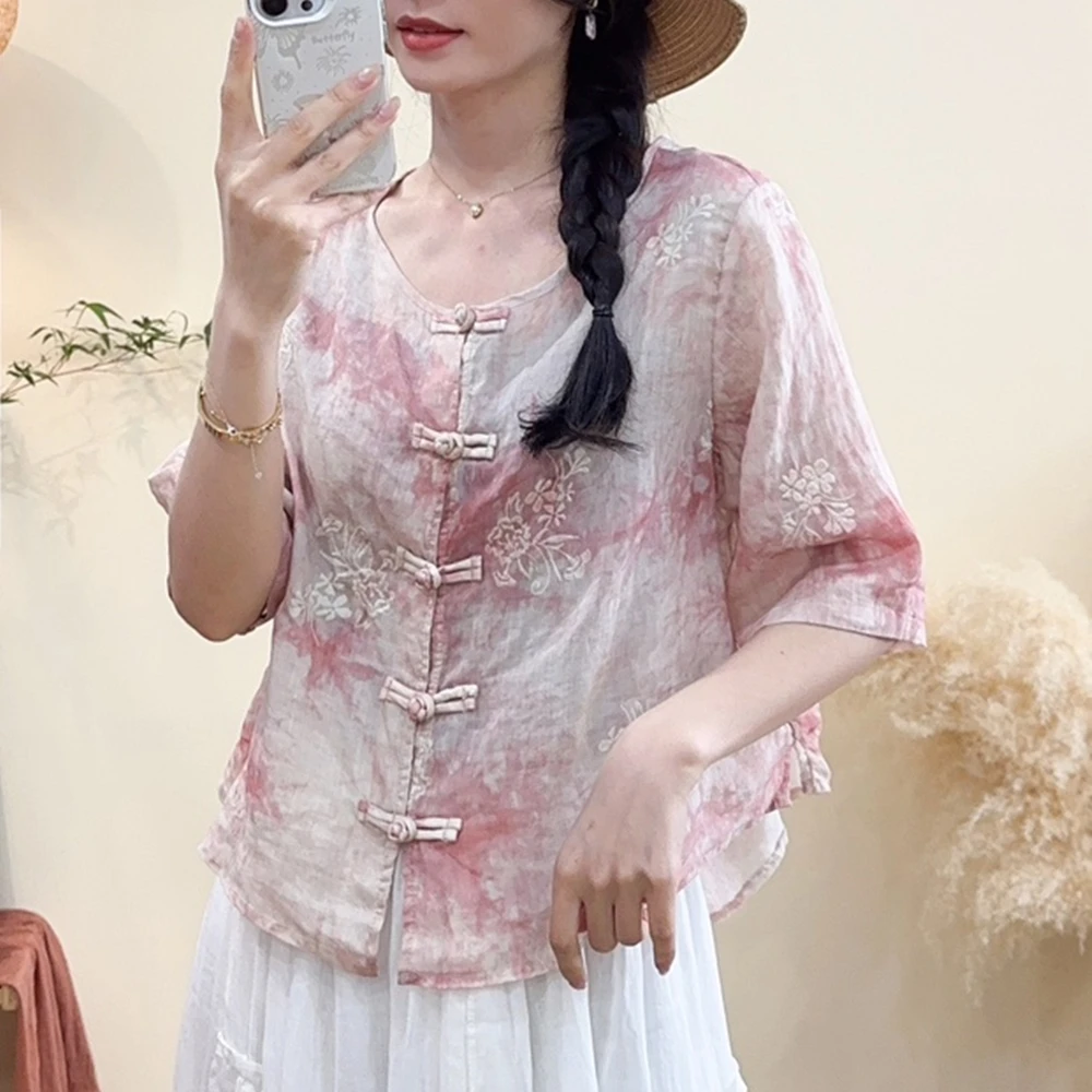 8068新中式苎麻衬衫女春夏新款宽松圆领上衣休闲扎染刺绣小衫女