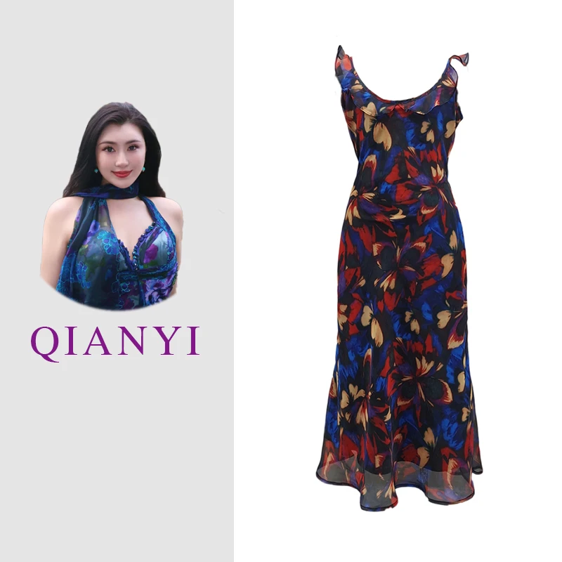 【仟艺定制】浪漫之都 大码女装裁鱼尾吊带雪纺连衣裙胖mm