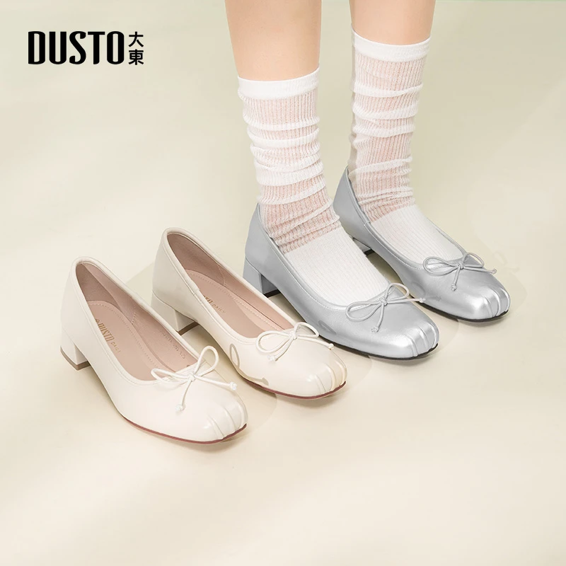 大东粗跟方头浅口单鞋2025春季甜美蝴蝶结芭蕾风百搭轻便女鞋0077