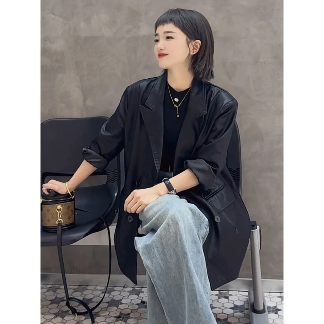 休闲皮衣外套女士2025春秋季韩版机车服宽松时尚黑色小西装pu夹克