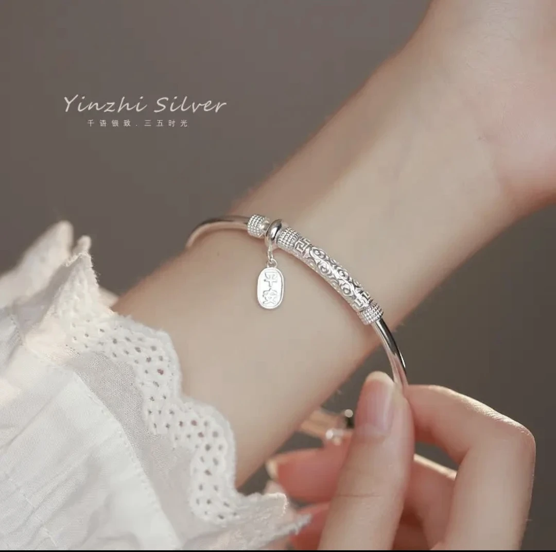 足银手镯 A25古风平安银手镯9999经典传承轻奢百搭气质实心时尚
