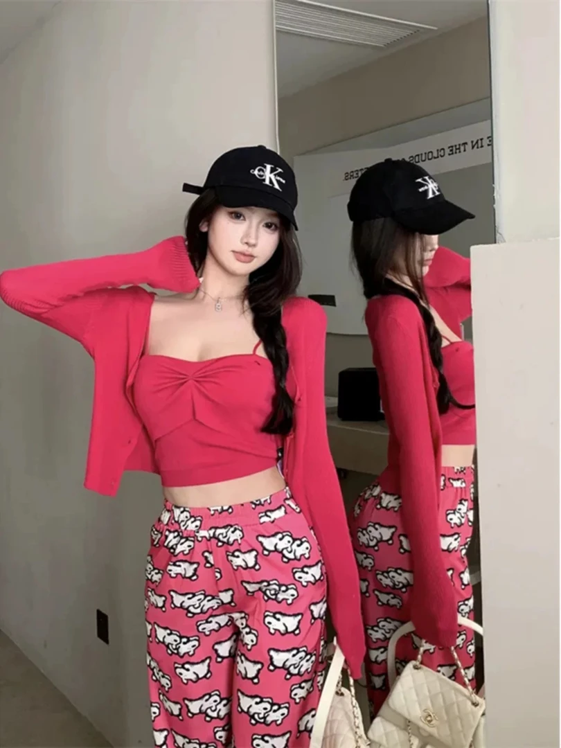 盐系穿搭三件套装甜辣妹修身吊带开衫上衣阔腿休闲裤女装2025新款