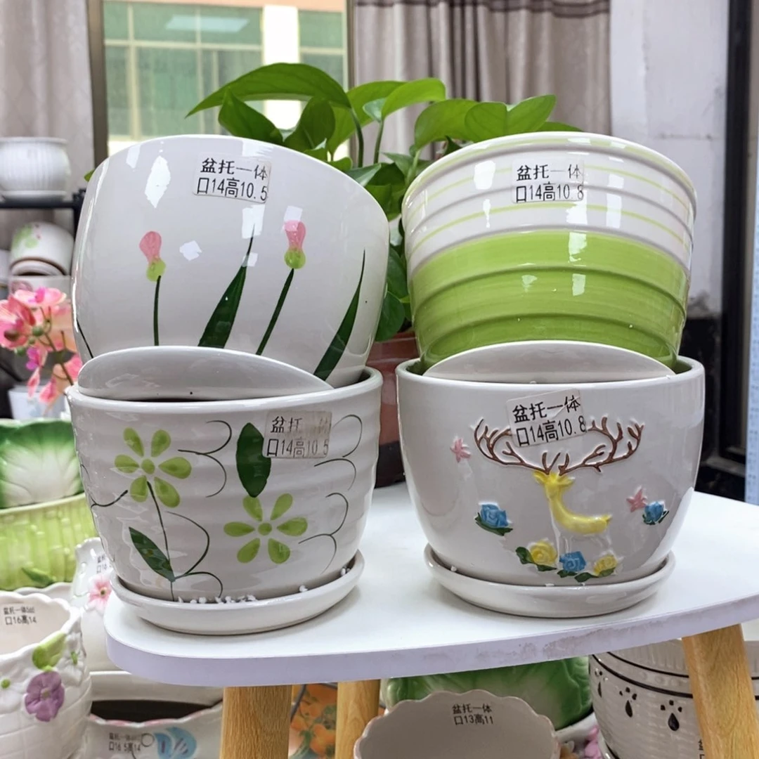 @陶瓷花盆@@四个手绘
