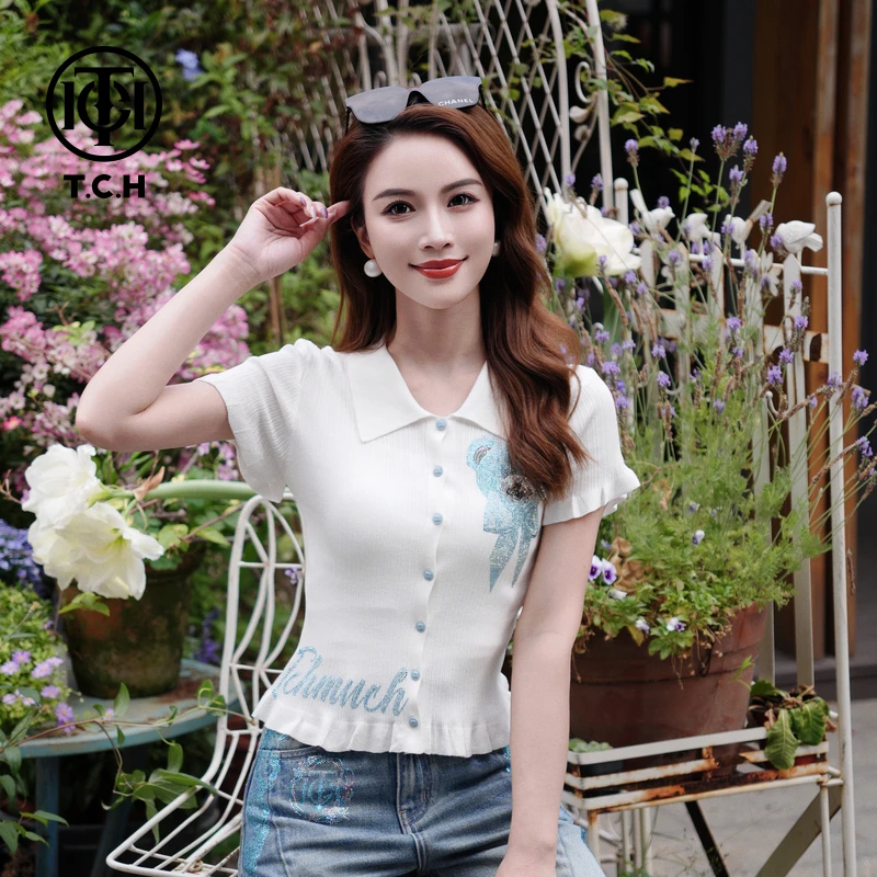 TCH烫钻工艺新时尚淑女百搭潮流针织衫女轻奢气质显瘦修身T75A09E