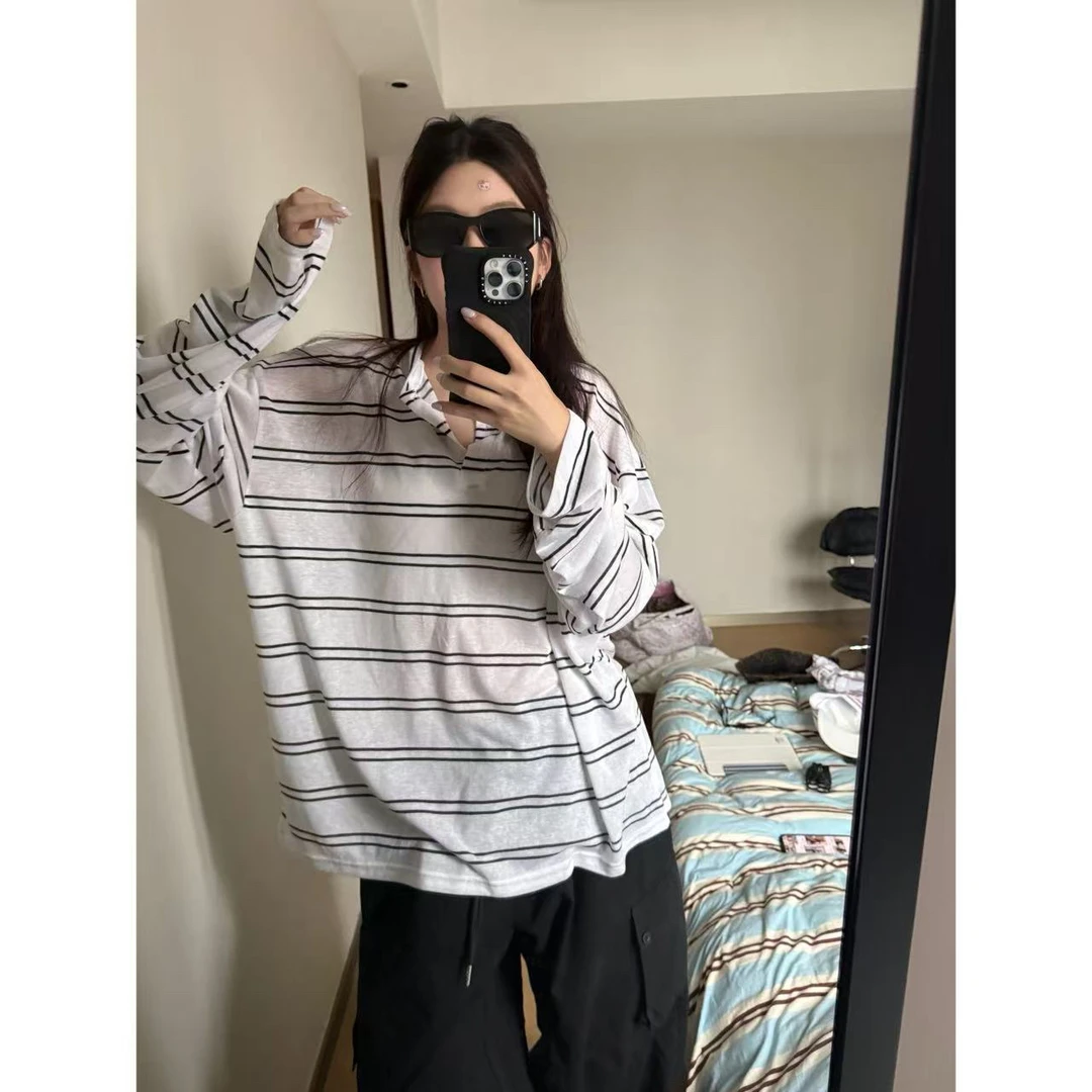 【陈碗饭】慵懒莱赛尔垂感宽松显瘦条纹上衣长袖防晒罩衫139休闲