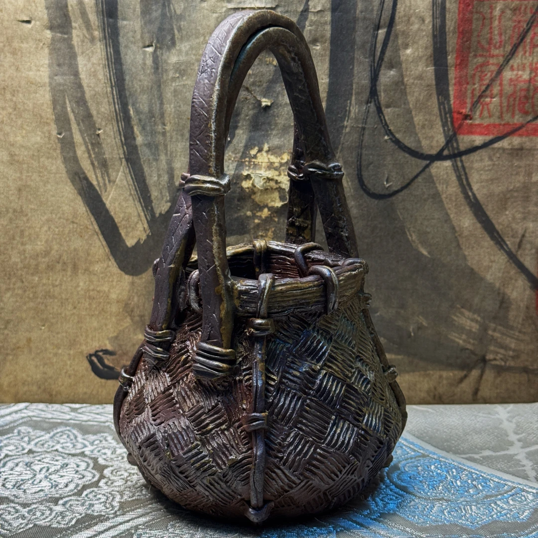 日本备前竹籠·高难度细工物·仿竹编·柴烧·纯手作·中古·花器·摆件