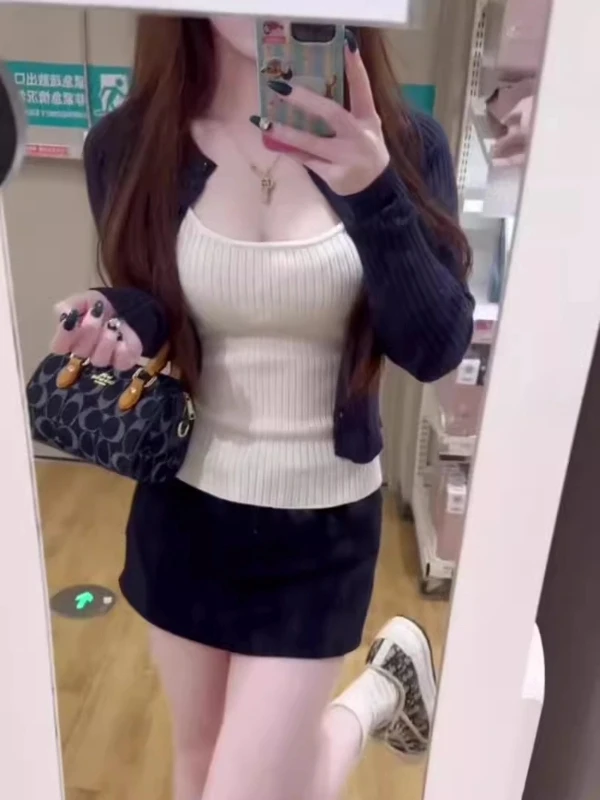 新款纯欲性感辣妹针织开衫吊带套装女秋季修身显瘦背心上衣两件套