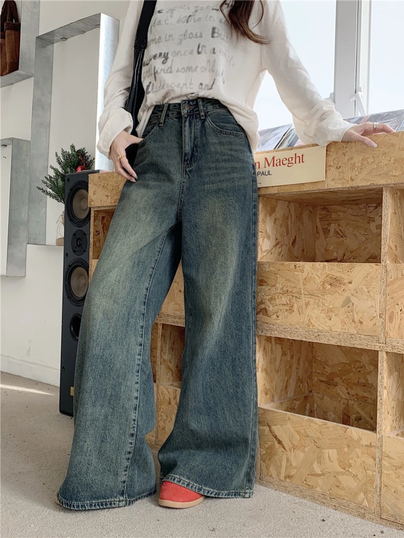 复古宽松阔腿牛仔裤女夏季高腰美式垂感直筒显瘦拖地裤子设计感