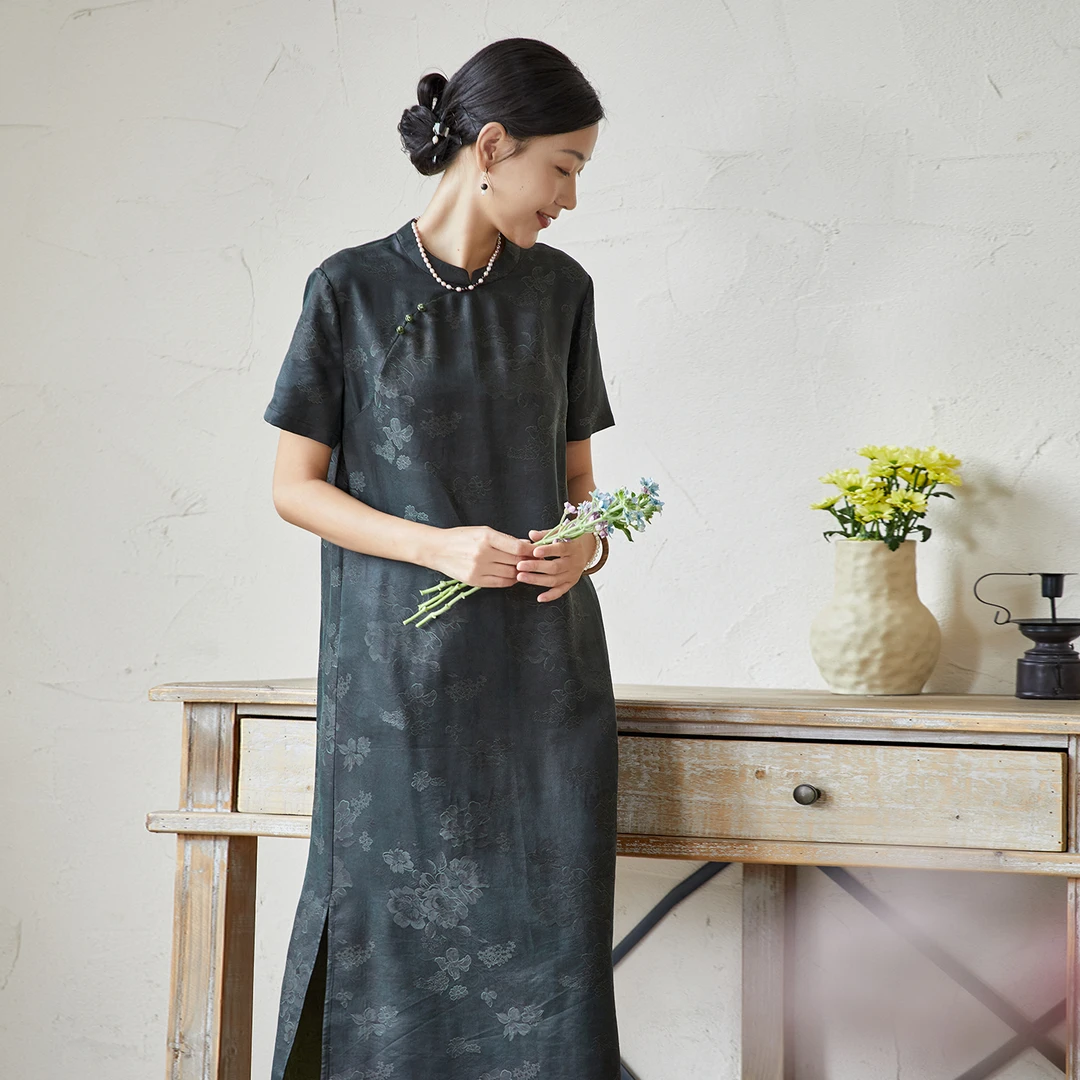 布小匠原创非遗桑蚕丝缎面提花香云纱宽松旗袍女新中式气质连衣裙