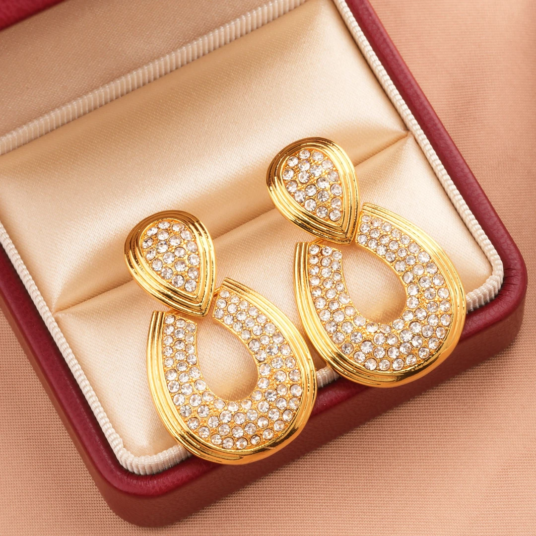 铜合金合成锆石耳饰 法式耳环百搭优雅金色女气质几何简约日韩ins