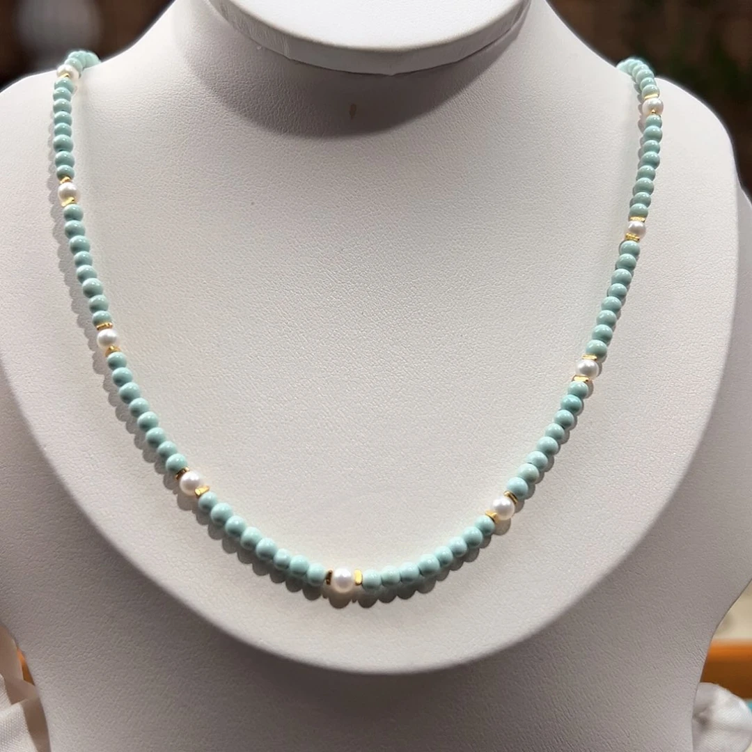 绿松石未镶嵌32圆珠锁骨链放漏卡3+