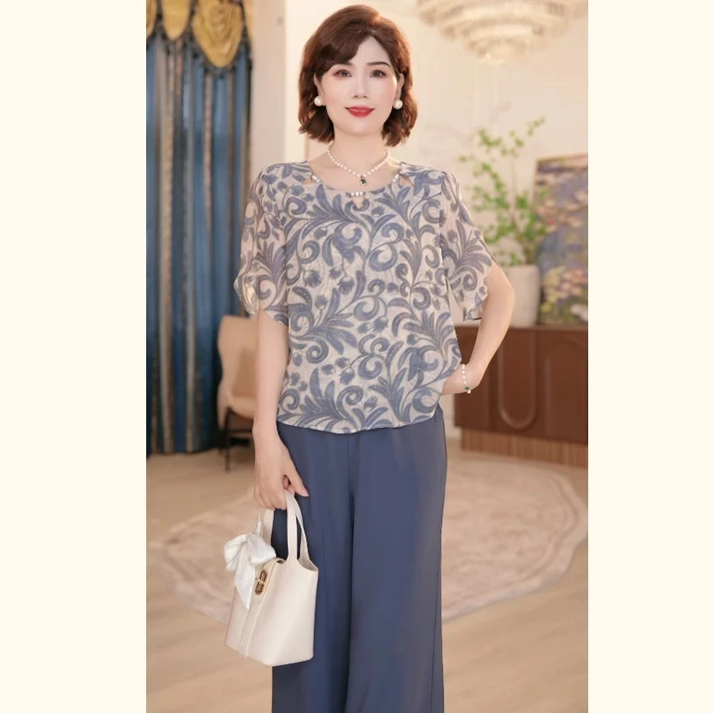 时尚上衣裤子两件套装气质妈妈夏季上衣服2025新款洋气中老年女装