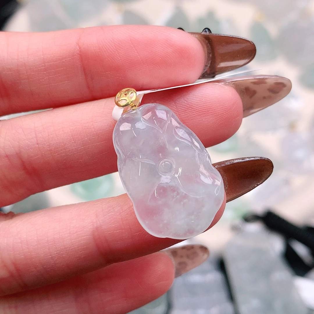 翡翠颈饰18K金镶嵌冰荷叶29、24.5、16、3.5