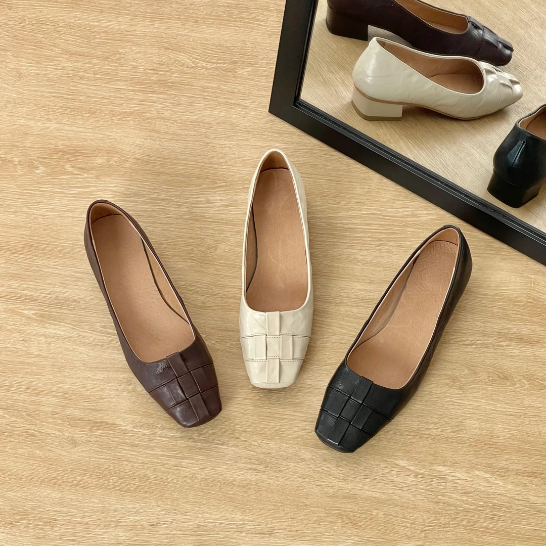 HUSSLOVE 头层羊皮·跟高3.5CM·法式复古粗跟编织带玛丽珍单鞋女