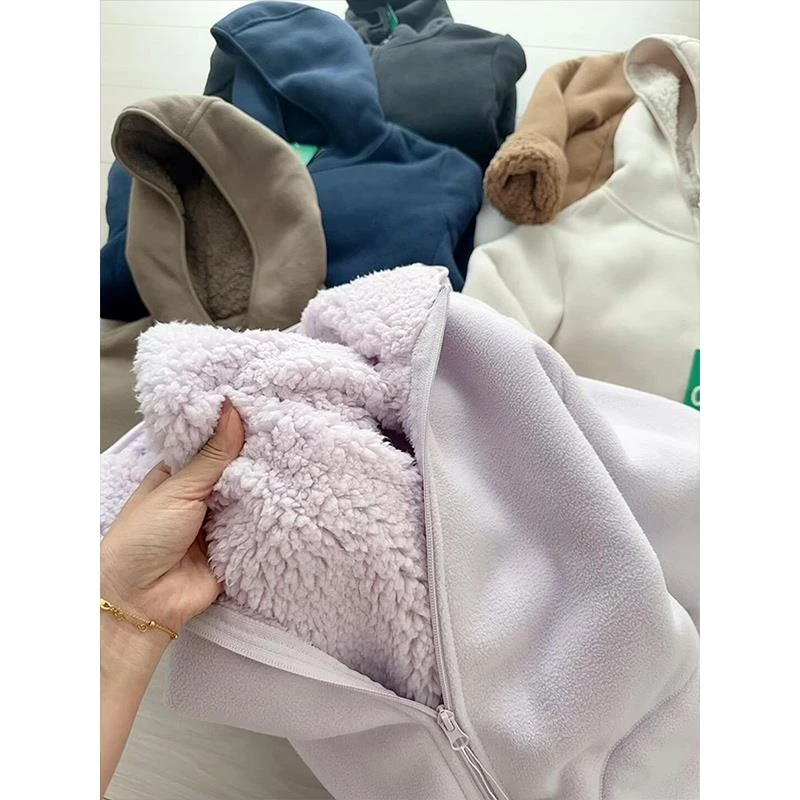 开衫保暖户外运动休闲加绒卫衣外套女秋冬摇粒绒内胆加厚羊羔毛绒