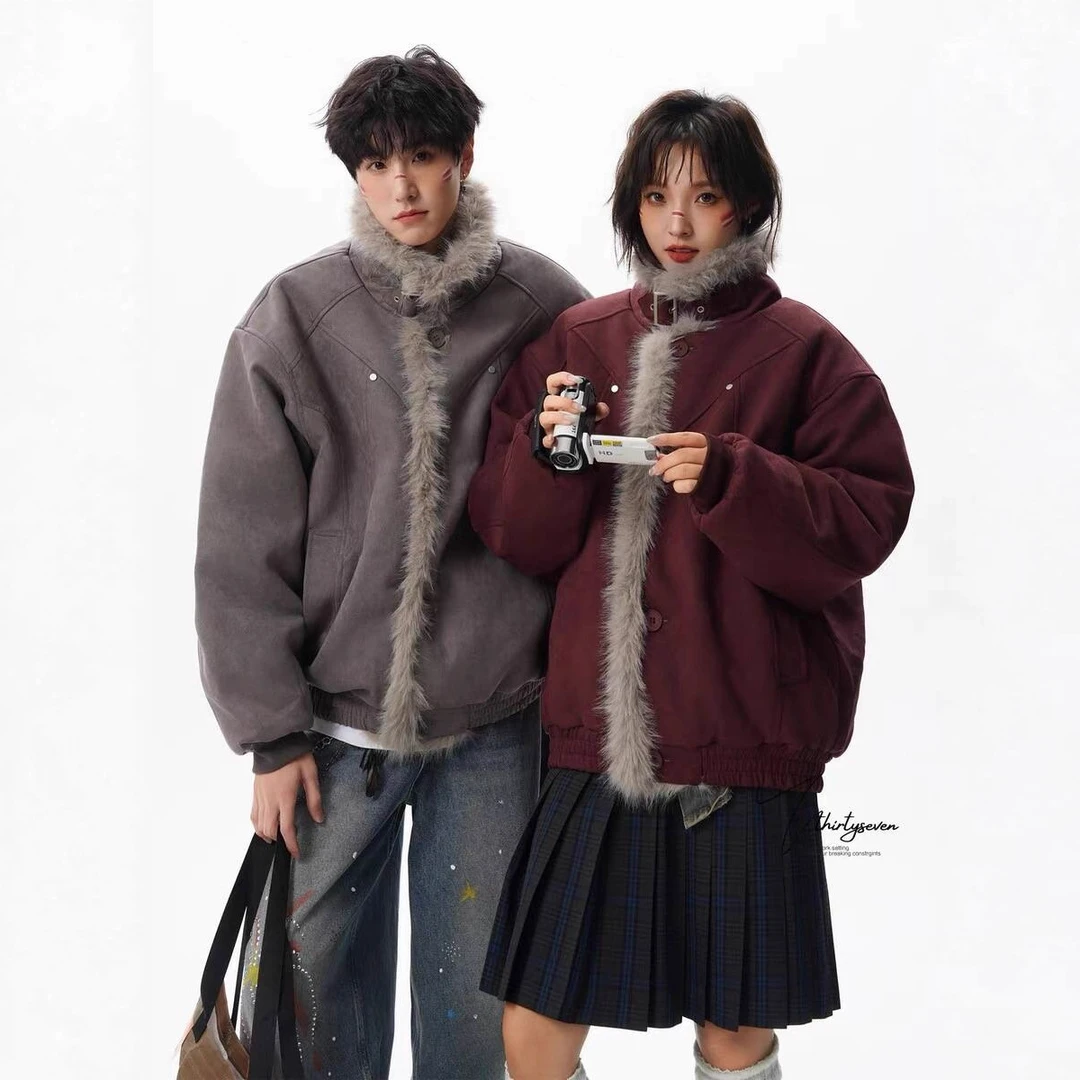 复古旧座山雕加厚保暖棉服男女宽松解构磨毛高级感毛领外套情侣款