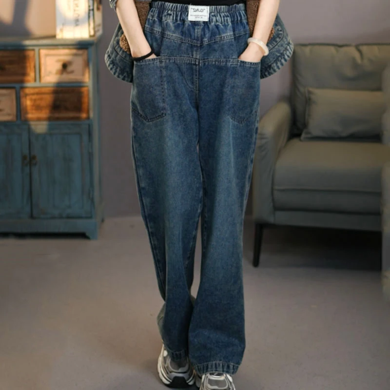 十一6790蓝色#2025春季复古显瘦牛仔直筒裤松紧腰时尚九分梧桐裤