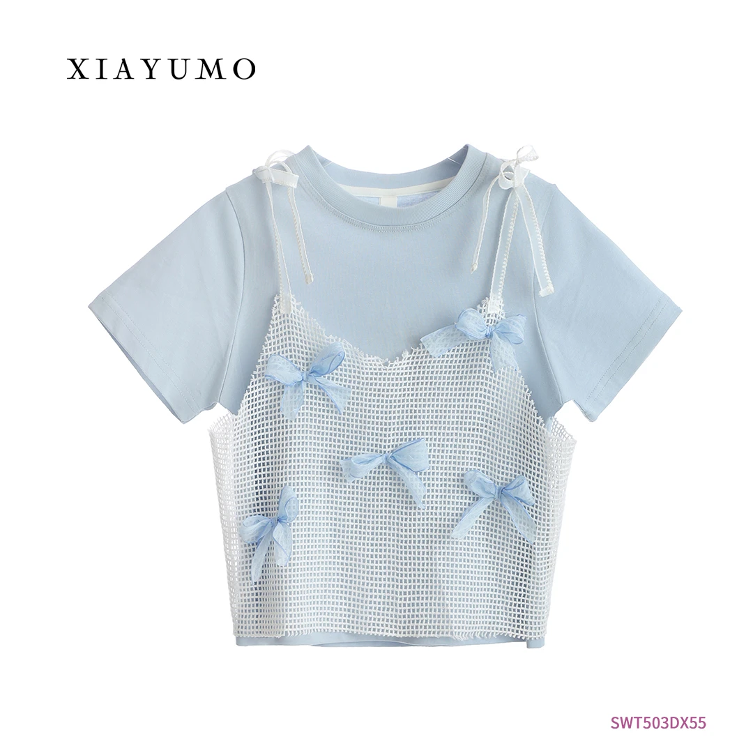 夏羽墨女童夏季新款蓝色真两件蝴蝶结华夫格可爱百搭休闲时尚T恤