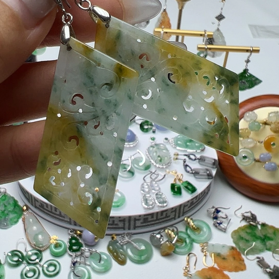 m***呢翡翠银S925镶嵌耳饰天然缅甸A货翡翠